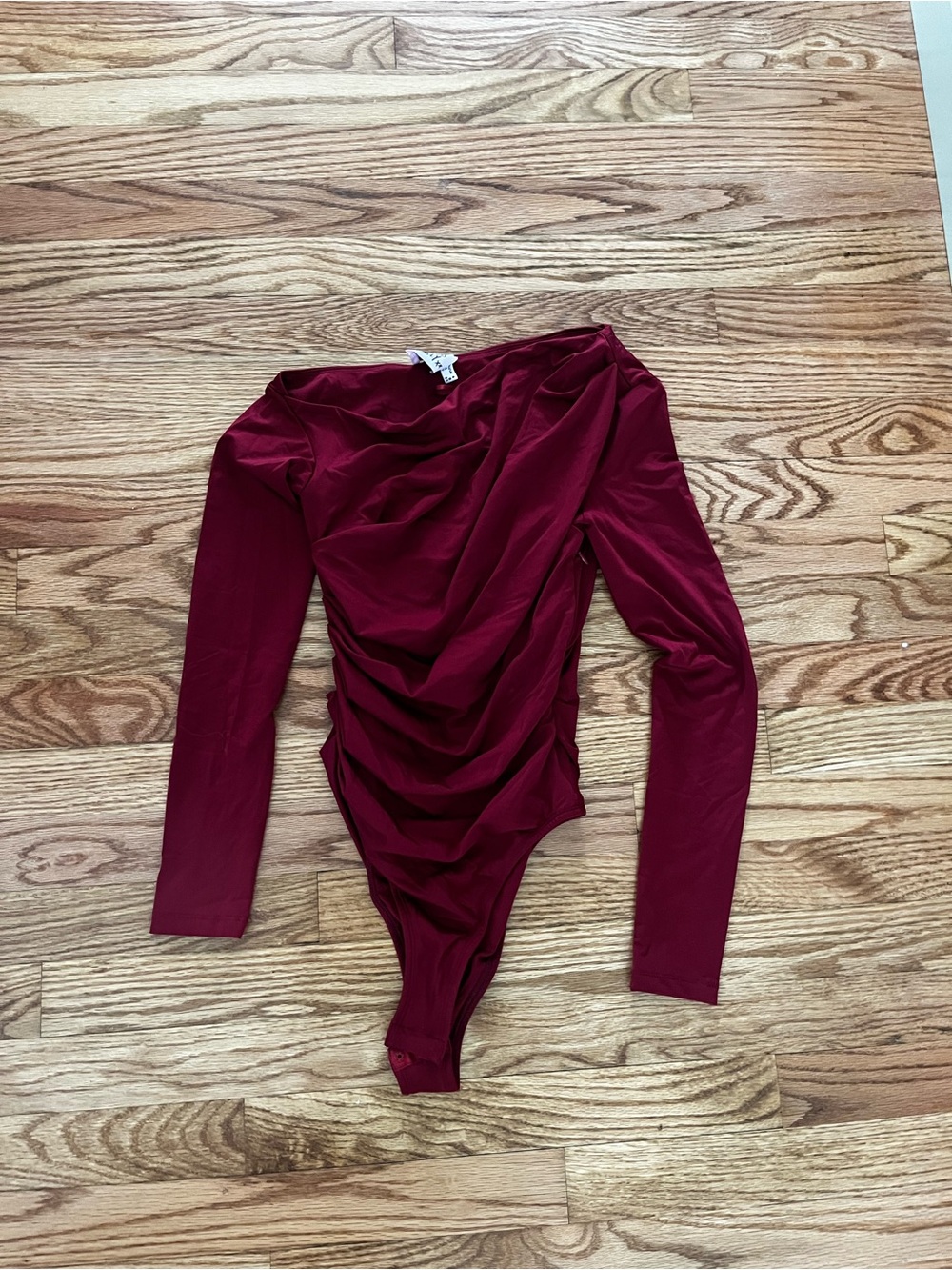 Princess Polly Ruched Long Sleeve Bodysuit in Wine Red
